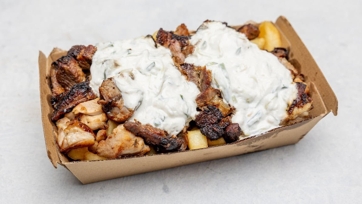 Hellenic snack pack with gyro meat and sauces